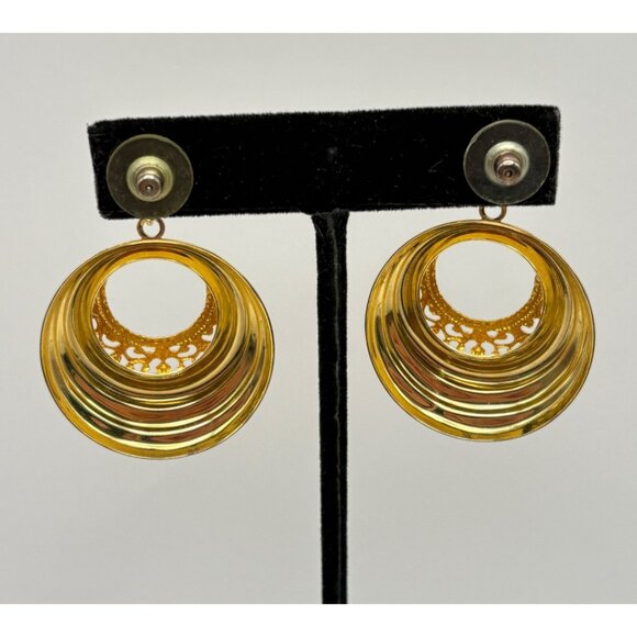 Vintage Gold Tone Filigree Drop Earrings Hoops Classic Elegant Bold 80s - Picture 2 of 6